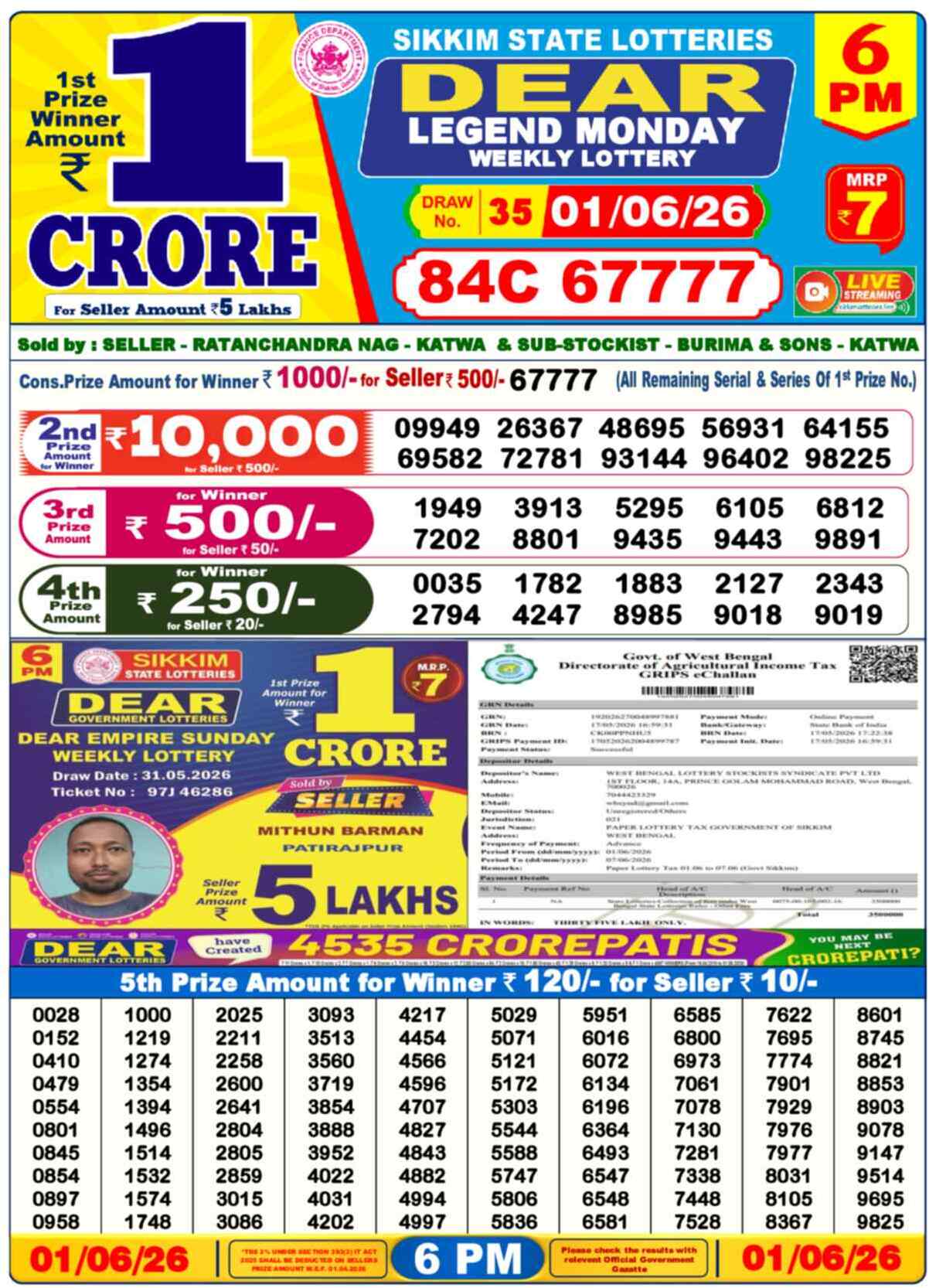 Dear Crown Result 6PM Monday, 1 June 2026