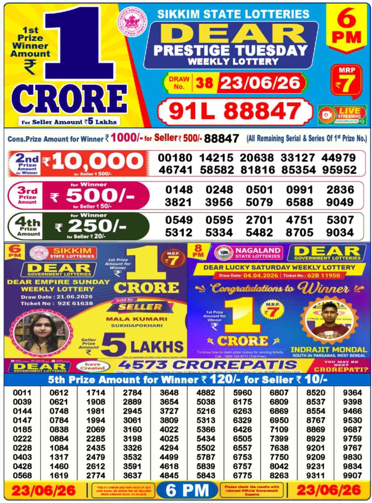 Dear Legend Result 6PM Tuesday, 23 June 2026
