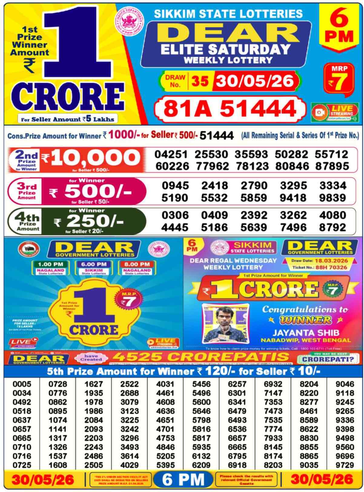 Dear Elite Result 6PM Saturday, 30 May 2026