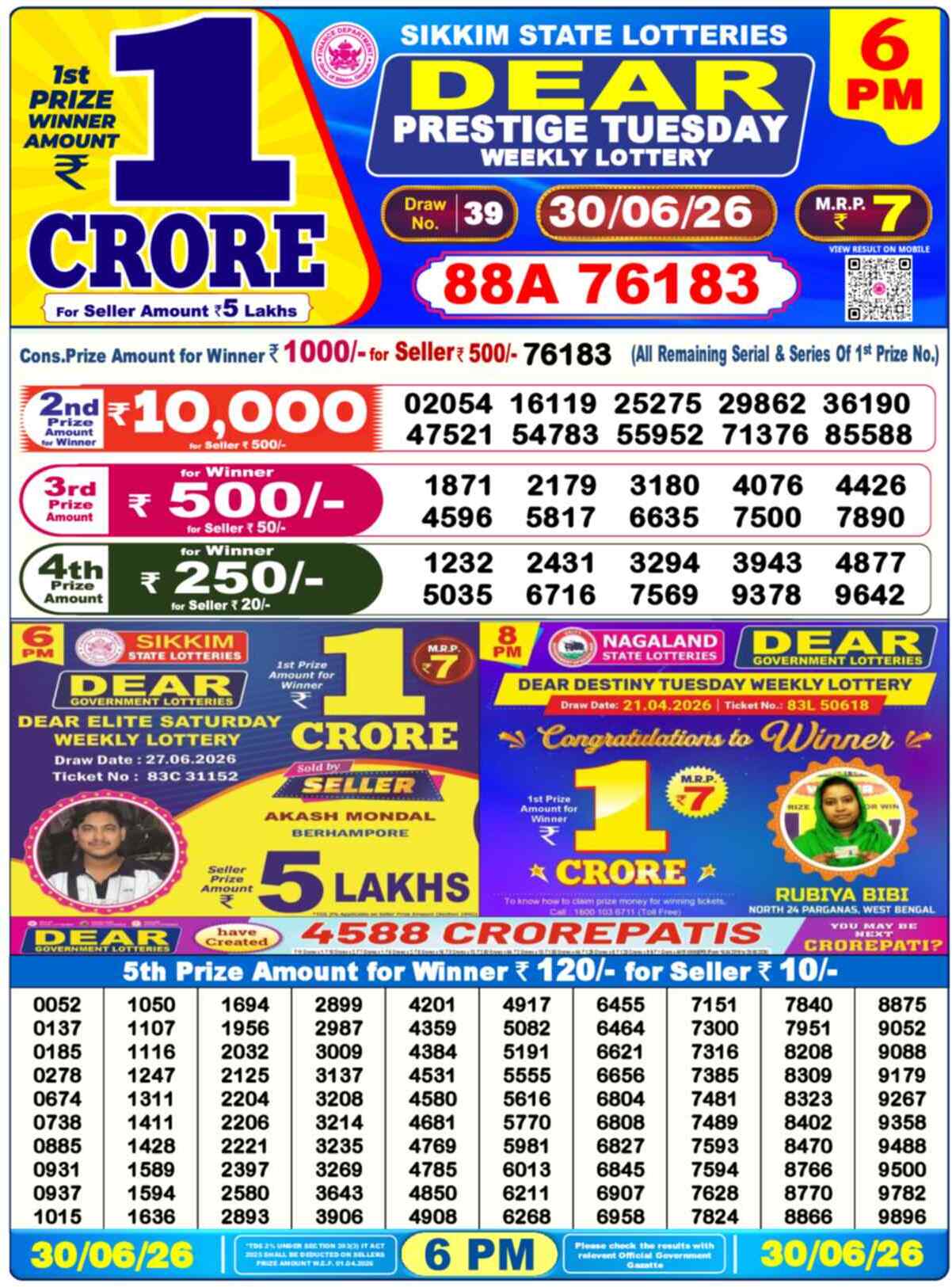 Dear Legend Result 6PM Tuesday, 30 June 2026