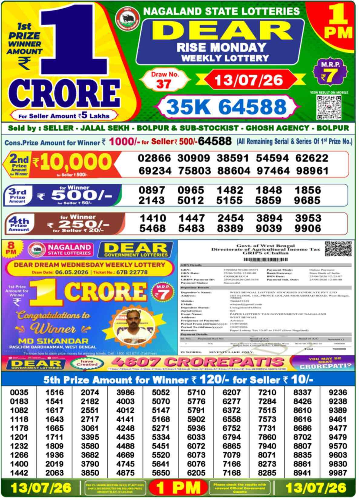 Dear Wish Result 1PM Monday, 13 July 2026