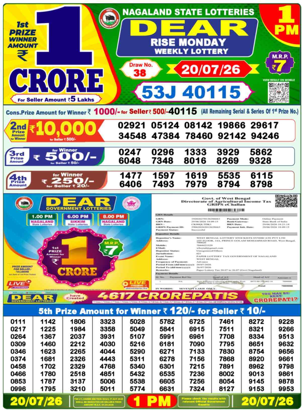 Dear Wish Result 1PM Monday, 20 July 2026