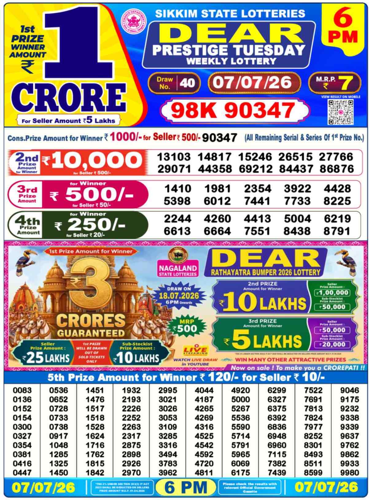 Dear Legend Result 6PM Tuesday, 7 July 2026