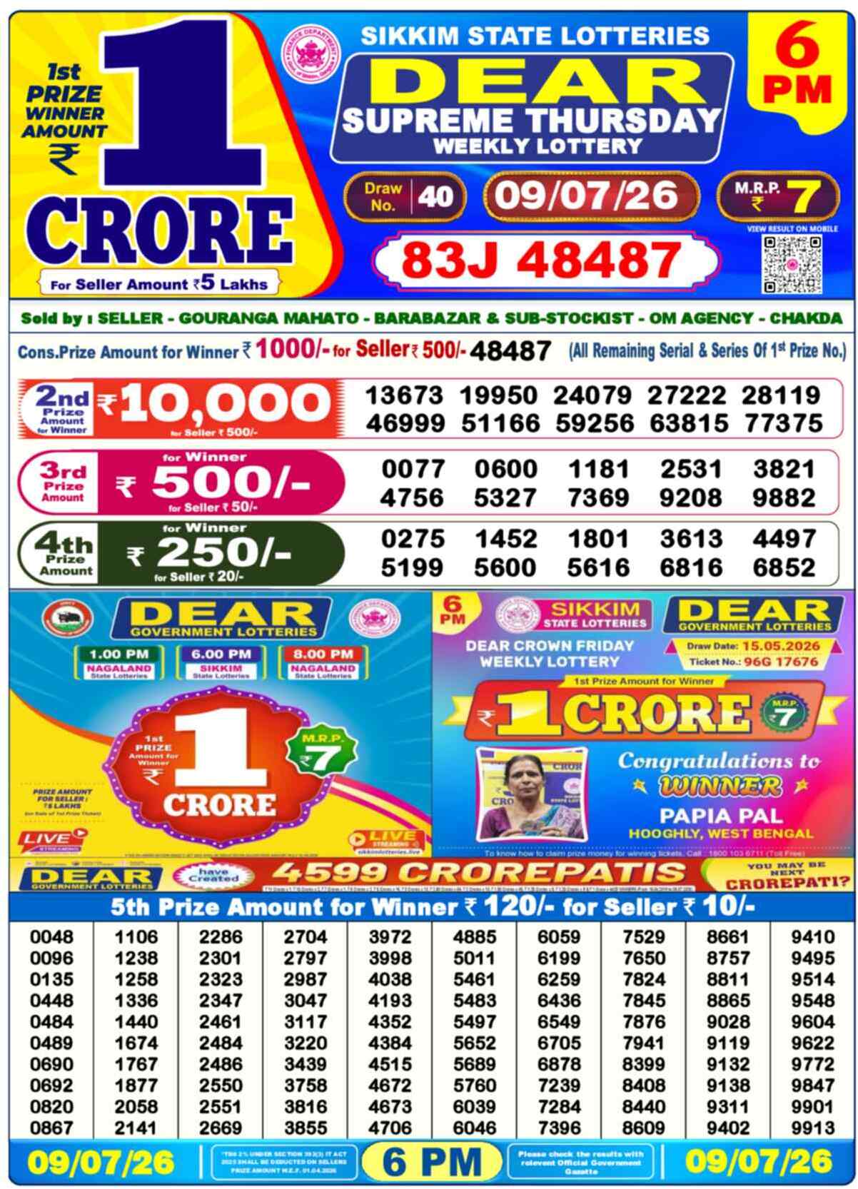 Dear Regal Result 6PM Thursday, 9 July 2026