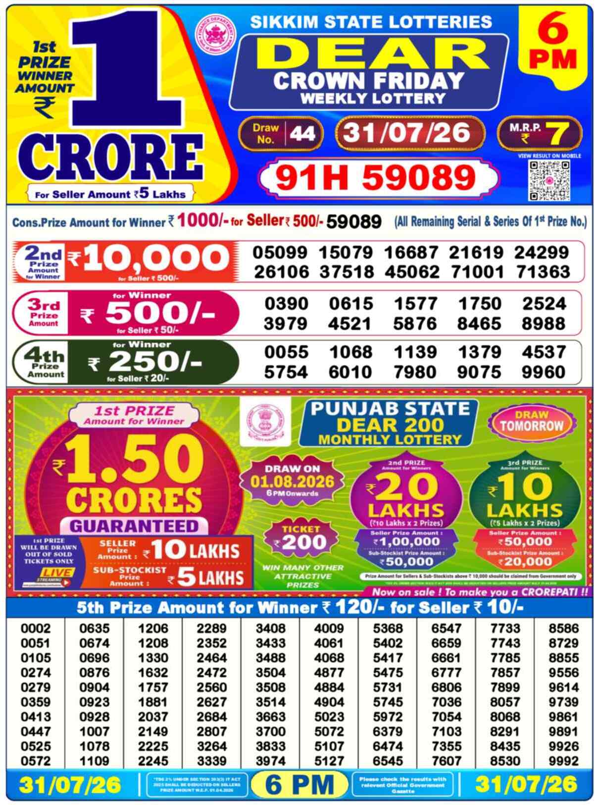Dear Supreme Result 6PM Friday, 31 July 2026