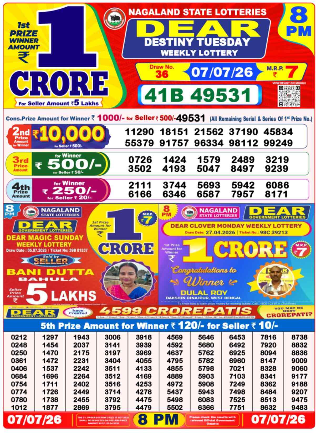 Dear Clover Result 8PM Tuesday, 7 July 2026