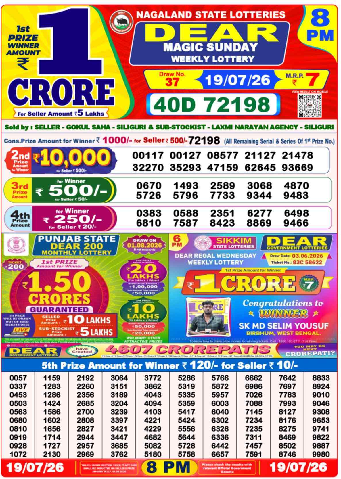 Dear Lucky Result 8PM Sunday, 19 July 2026
