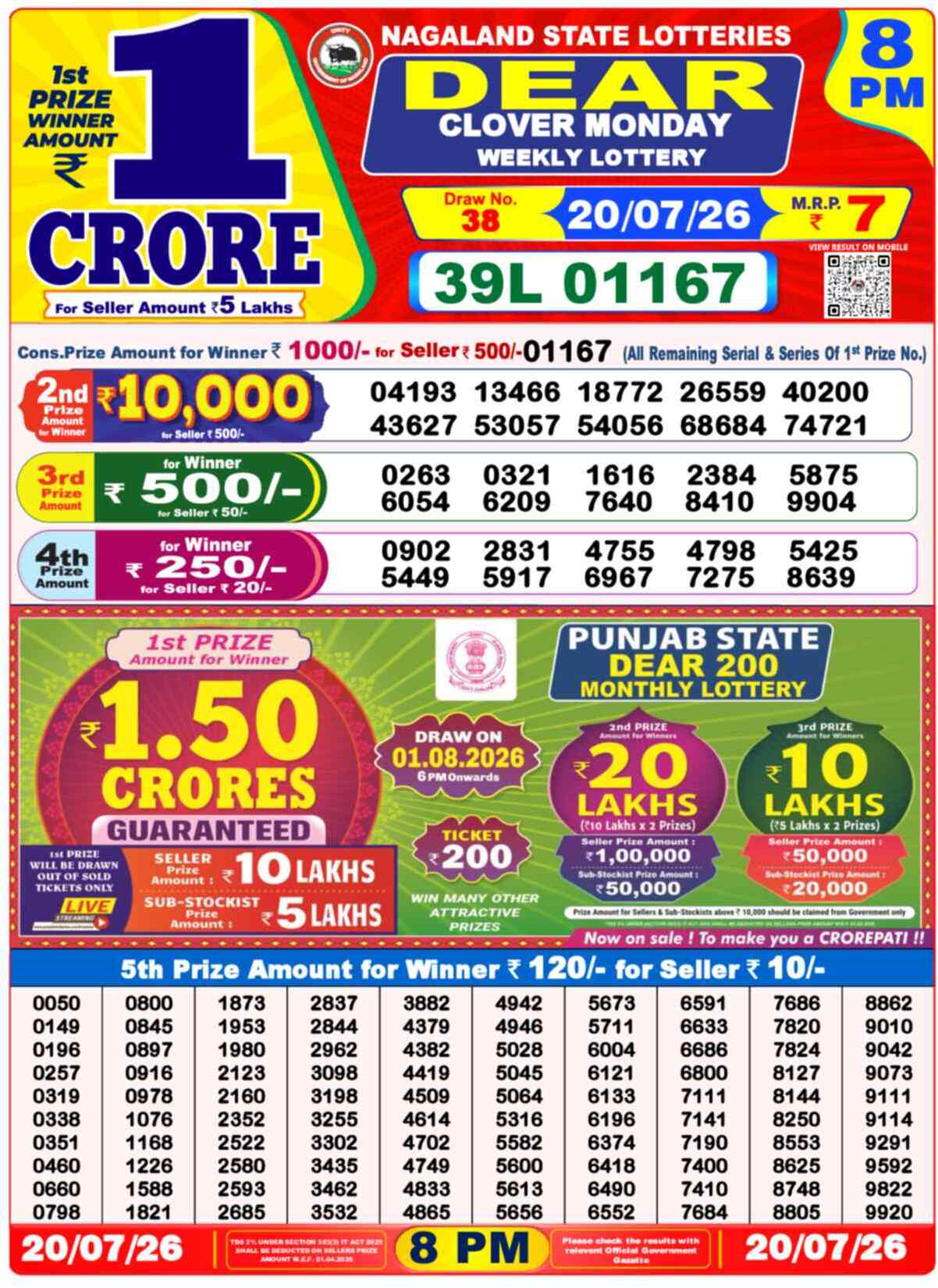 Dear Magic Result 8PM Monday, 20 July 2026