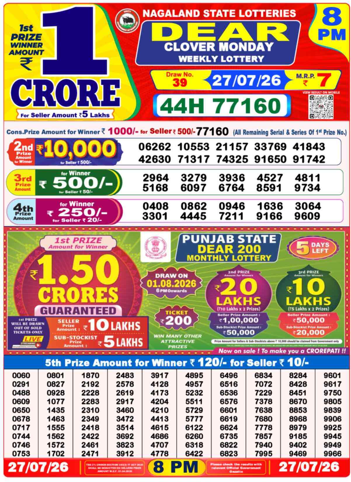 Dear Magic Result 8PM Monday, 27 July 2026