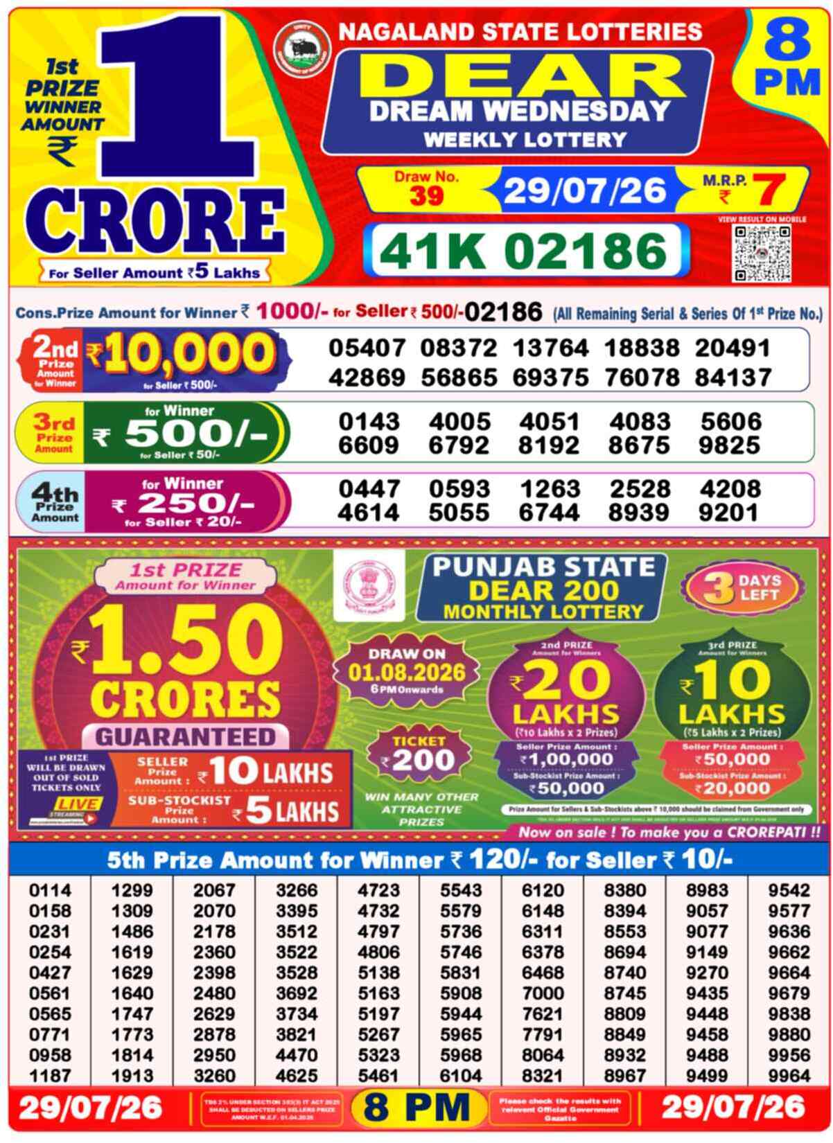 Dear Destiny Result 8PM Wednesday, 29 July 2026