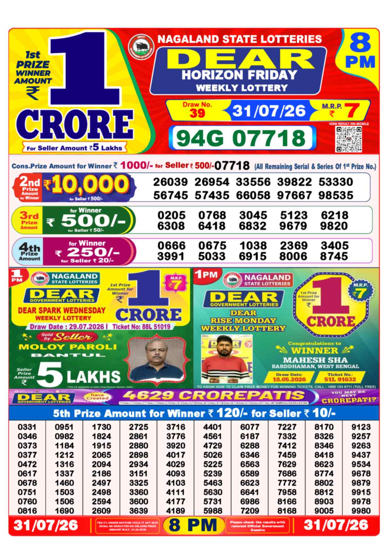 Dear Fame Result 8PM Friday, 31 July 2026