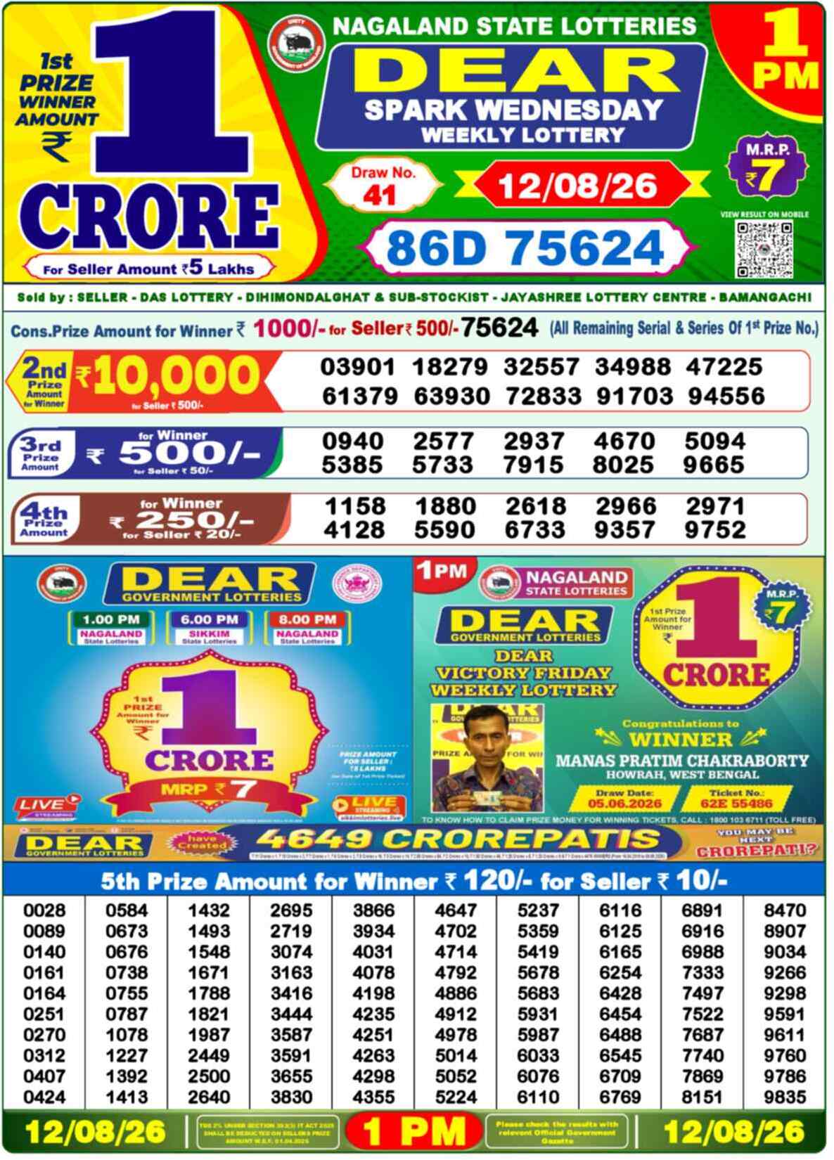 Dear Shine Result 1PM Wednesday, 12 August 2026