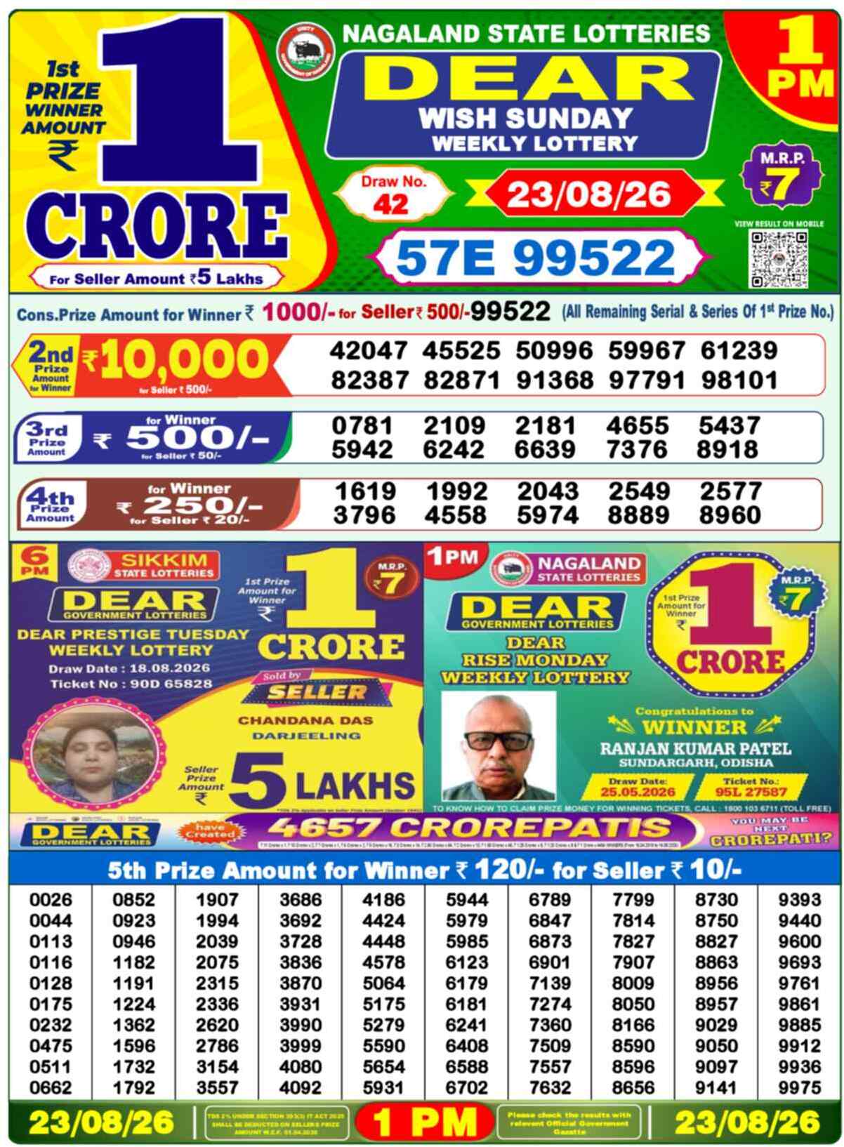 Dear Vision Result 1PM Sunday, 23 August 2026