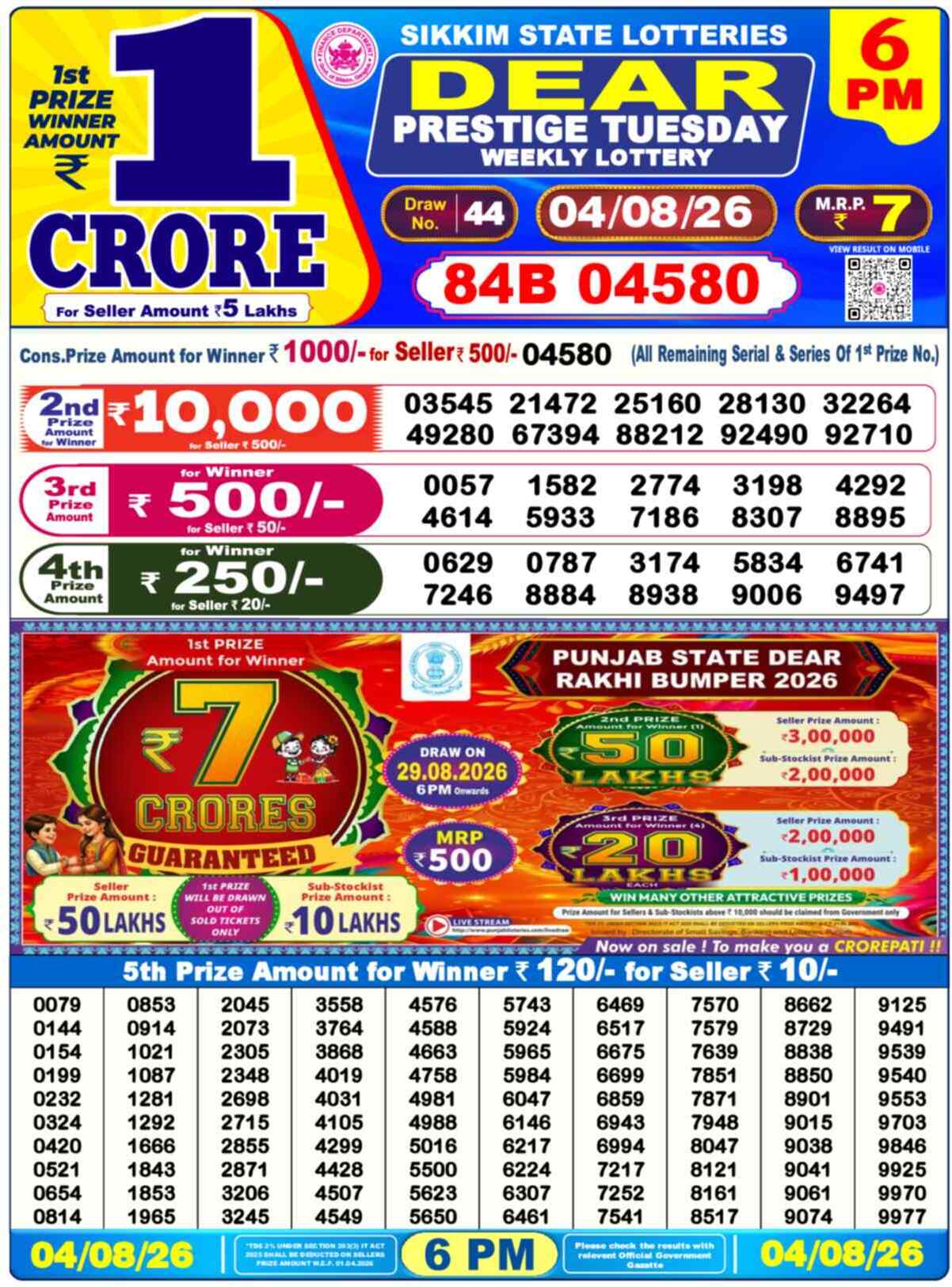 Dear Legend Result 6PM Tuesday, 4 August 2026