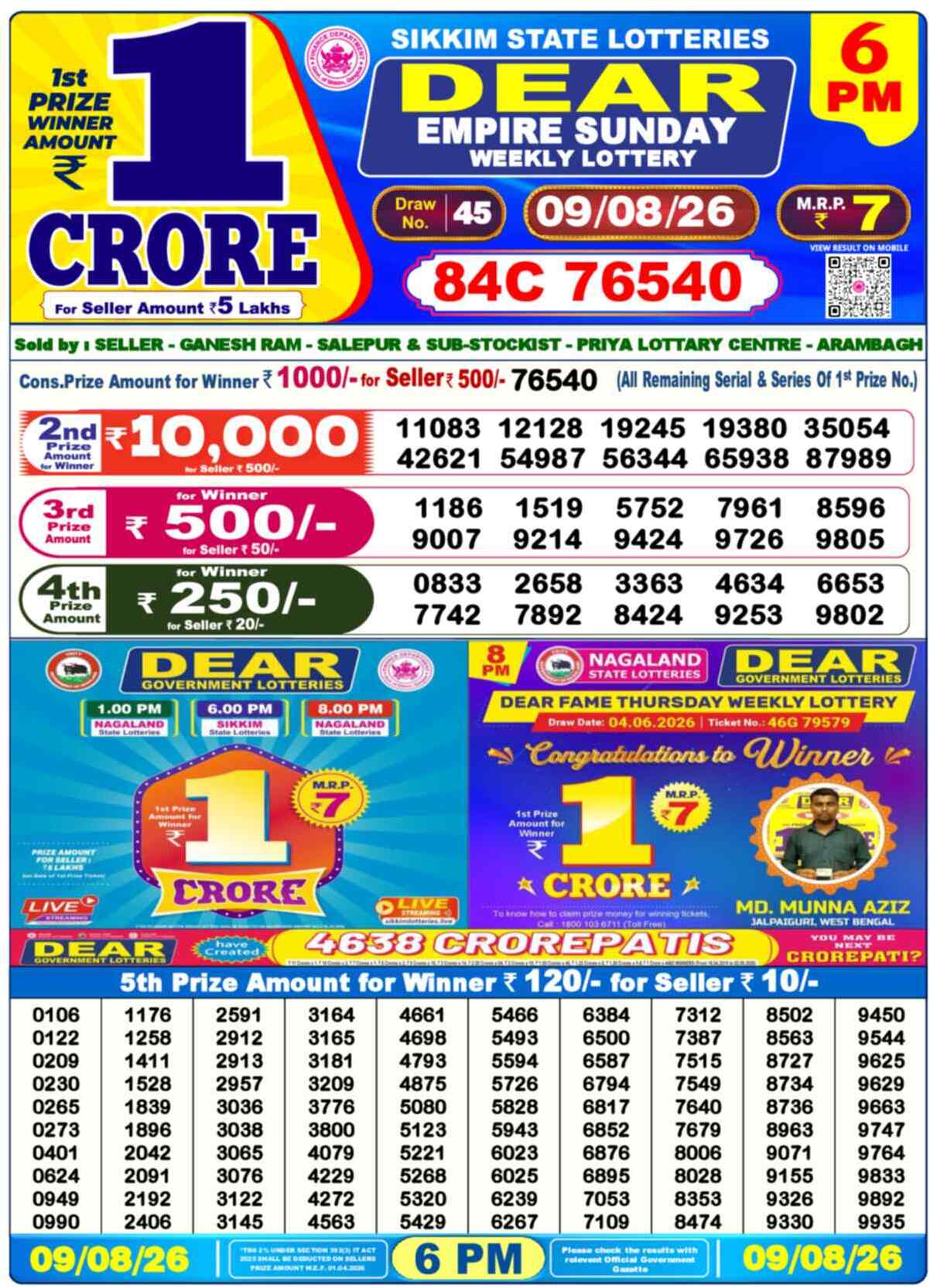 Dear Elite Result 6PM Sunday, 9 August 2026