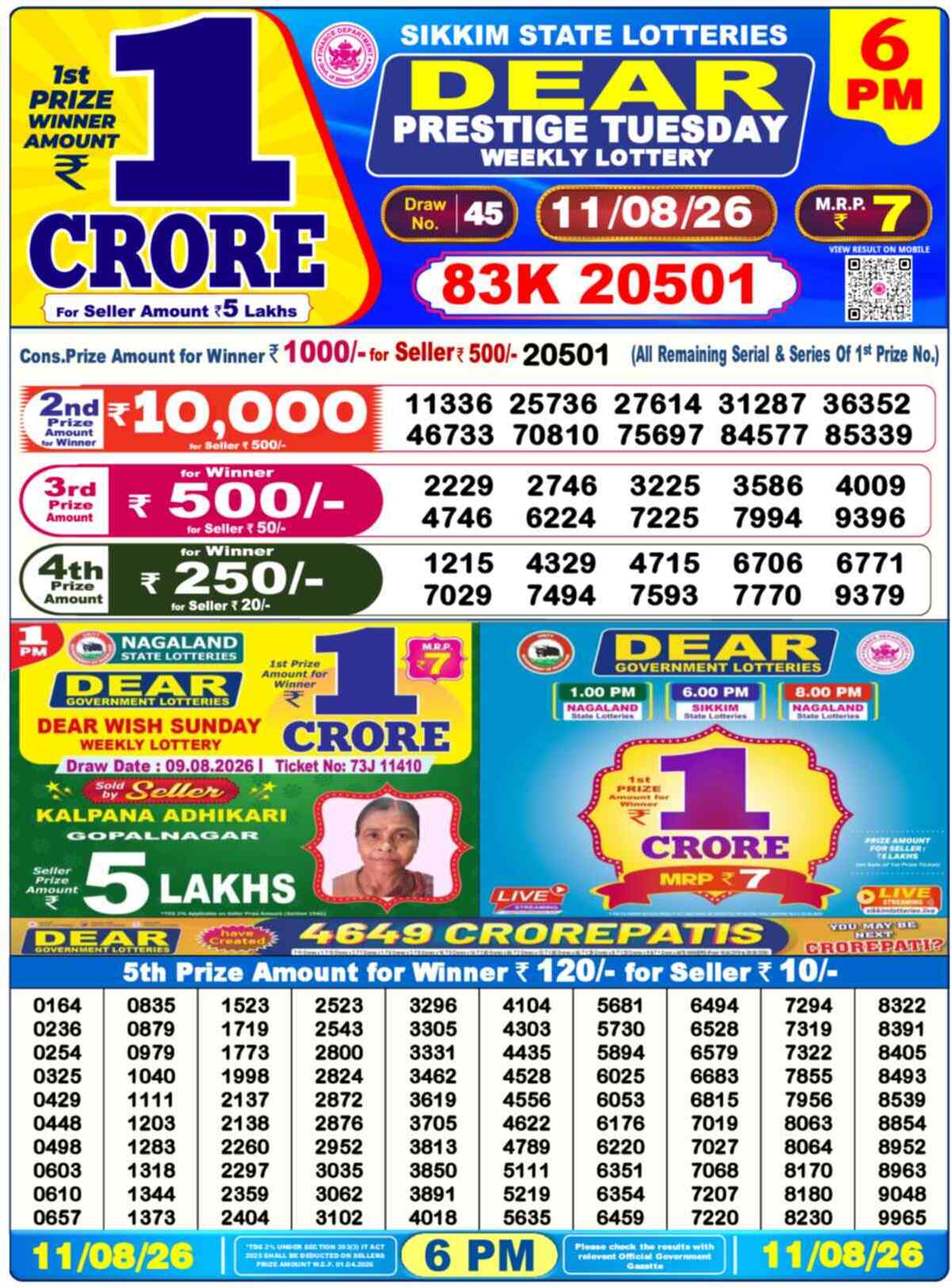 Dear Legend Result 6PM Tuesday, 11 August 2026