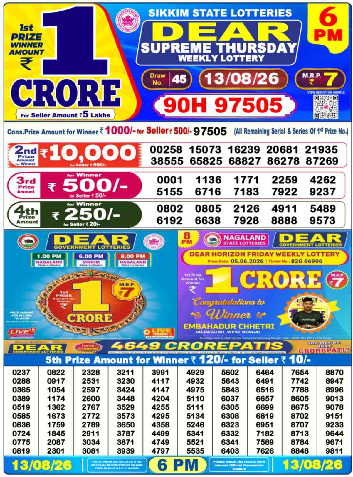 Dear Regal Result 6PM Thursday, 13 August 2026