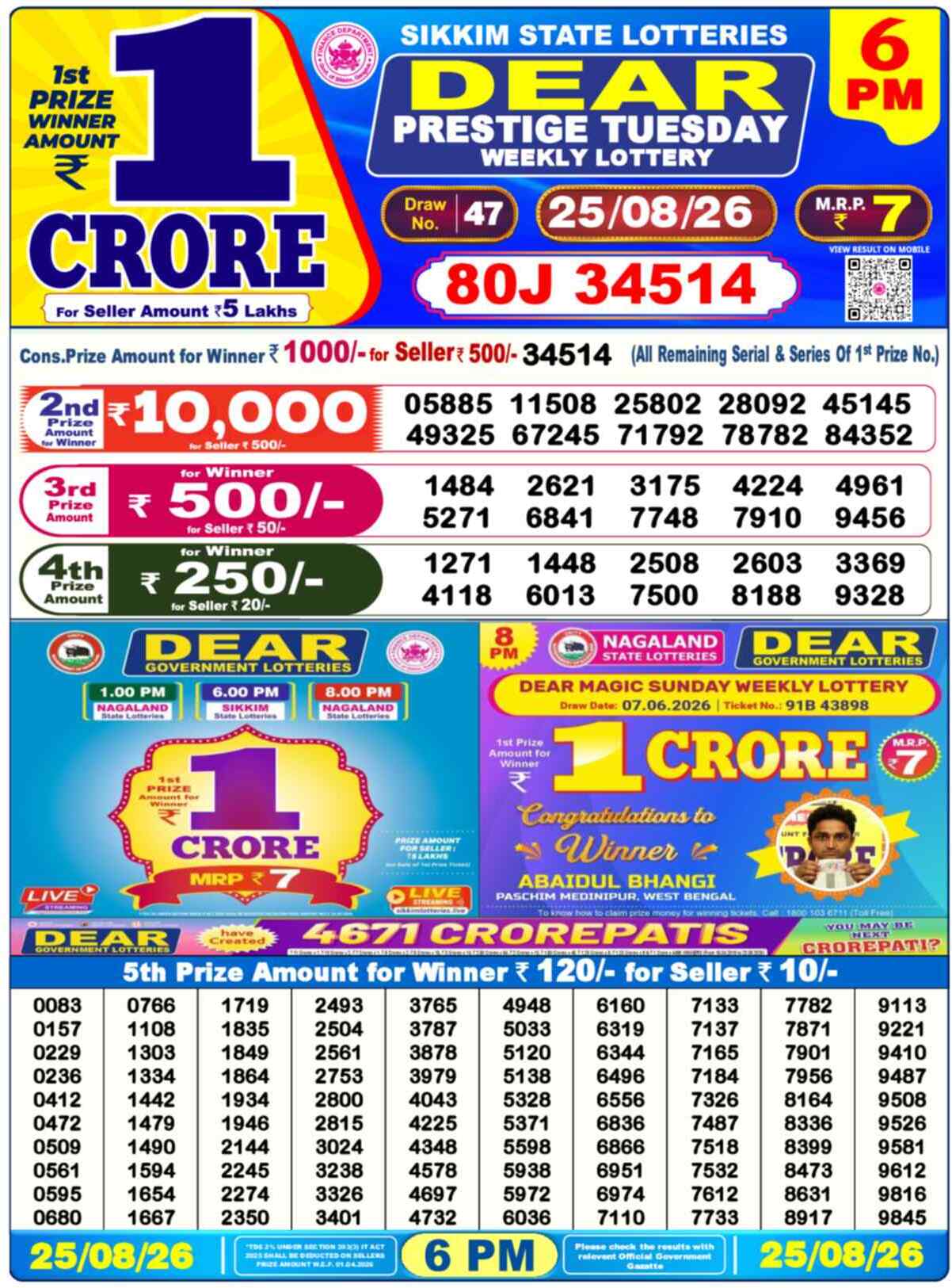 Dear Legend Result 6PM Tuesday, 25 August 2026