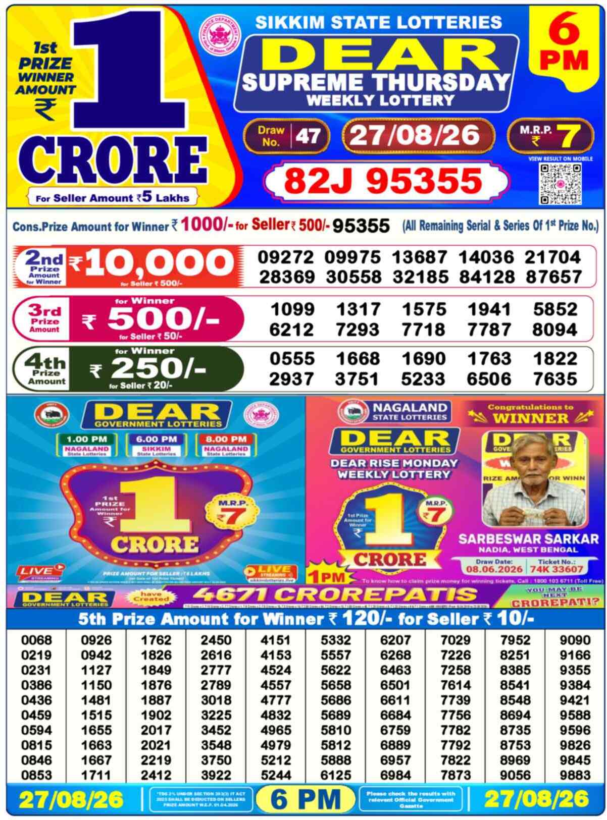 Dear Regal Result 6PM Thursday, 27 August 2026