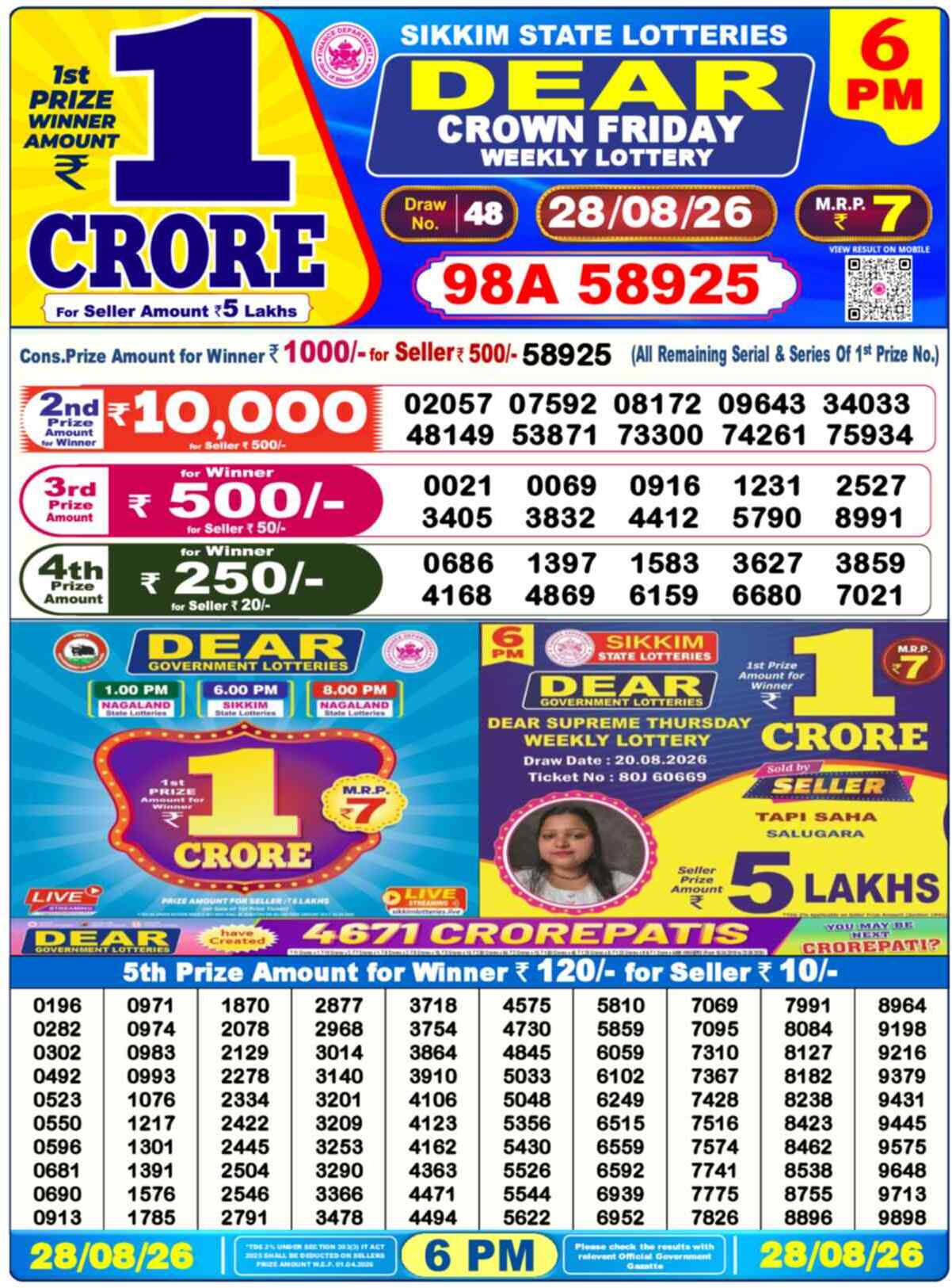 Dear Supreme Result 6PM Friday, 28 August 2026