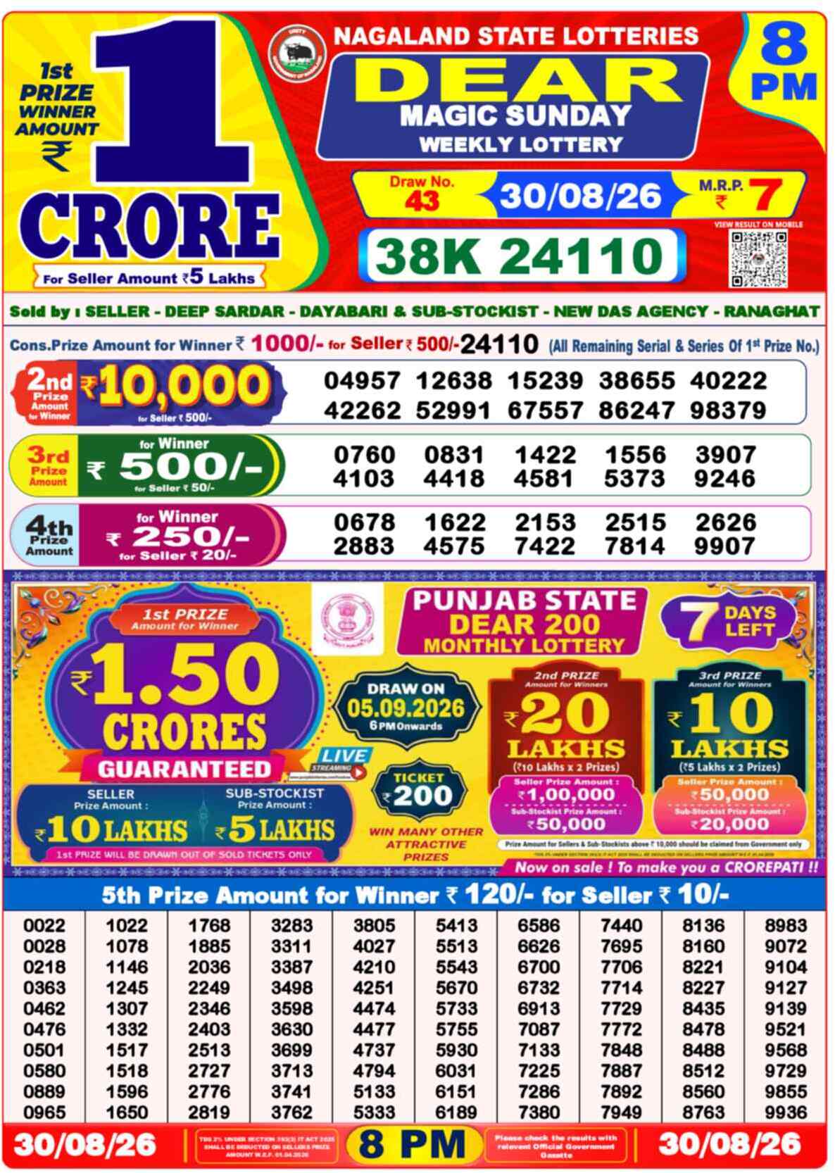Dear Lucky Result 8PM Sunday, 30 August 2026