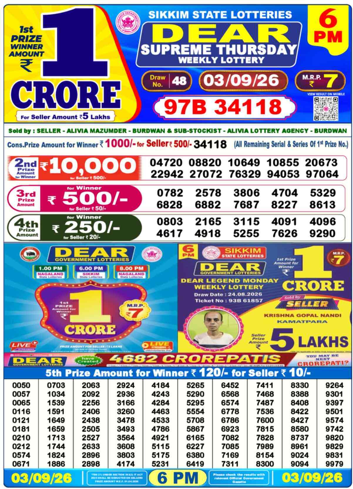 Dear Regal Result 6PM Thursday, 3 September 2026
