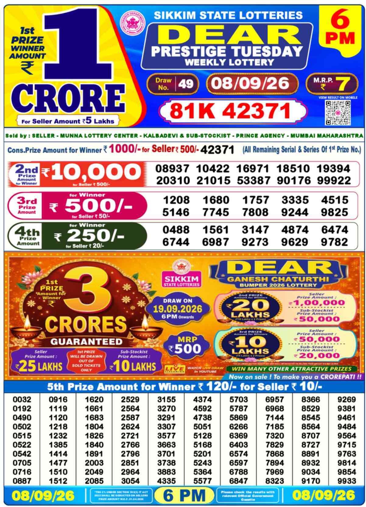 Dear Legend Result 6PM Tuesday, 8 September 2026