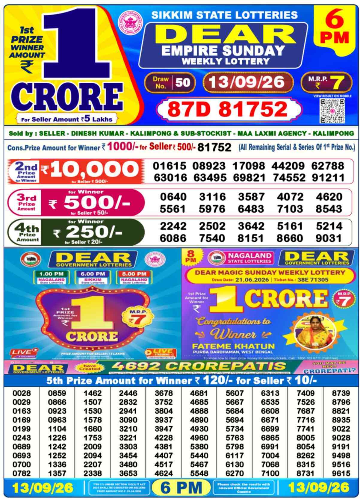 Dear Elite Result 6PM Sunday, 13 September 2026