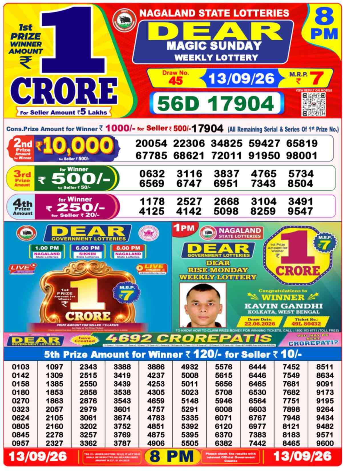 Dear Lucky Result 8PM Sunday, 13 September 2026
